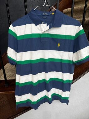 NEW LARGE Ralph Lauren Men's Navy, White & Green Striped Polo Shirt